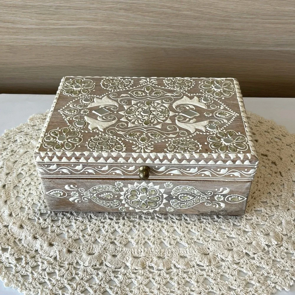 Handcrafted Indian Mango Wood Keepsake Box Ornate Painted Storage Chest Boho